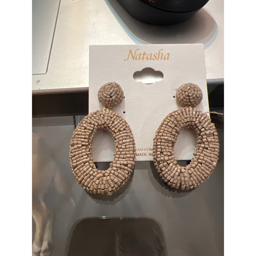 Natasha Beaded Drop Earrings Tan Beige Seed Bead Oval Statement Boho Jewelry NEW